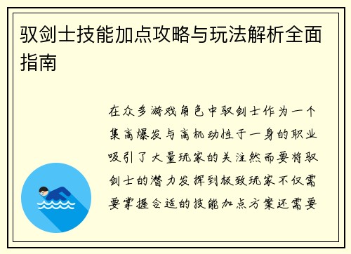 驭剑士技能加点攻略与玩法解析全面指南